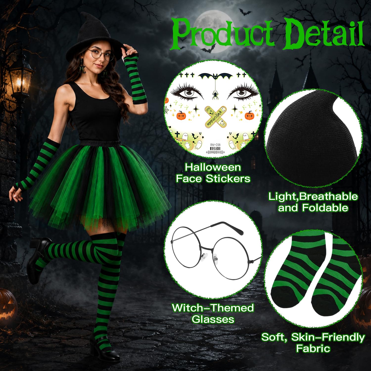 YYDSXK Hexen Kostüm Damen Kleid Grün mit Zubehör