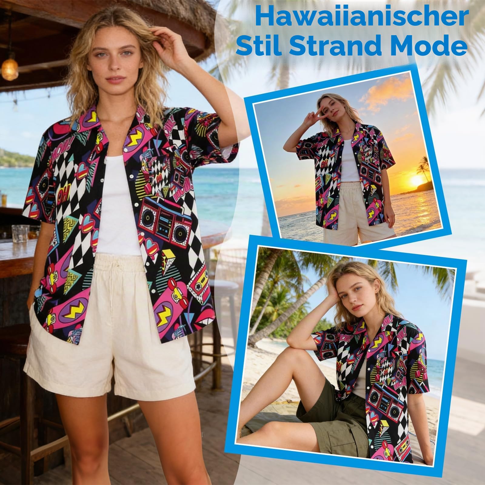 YYDSXK Hawaii Outfit Damen Neon Kurzarm Shirt Sonnenbrille