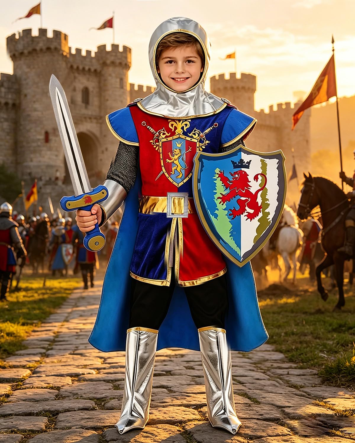 YYDSXK Ritter Kostüm Kinder 130 mit Helm Umhang Schild