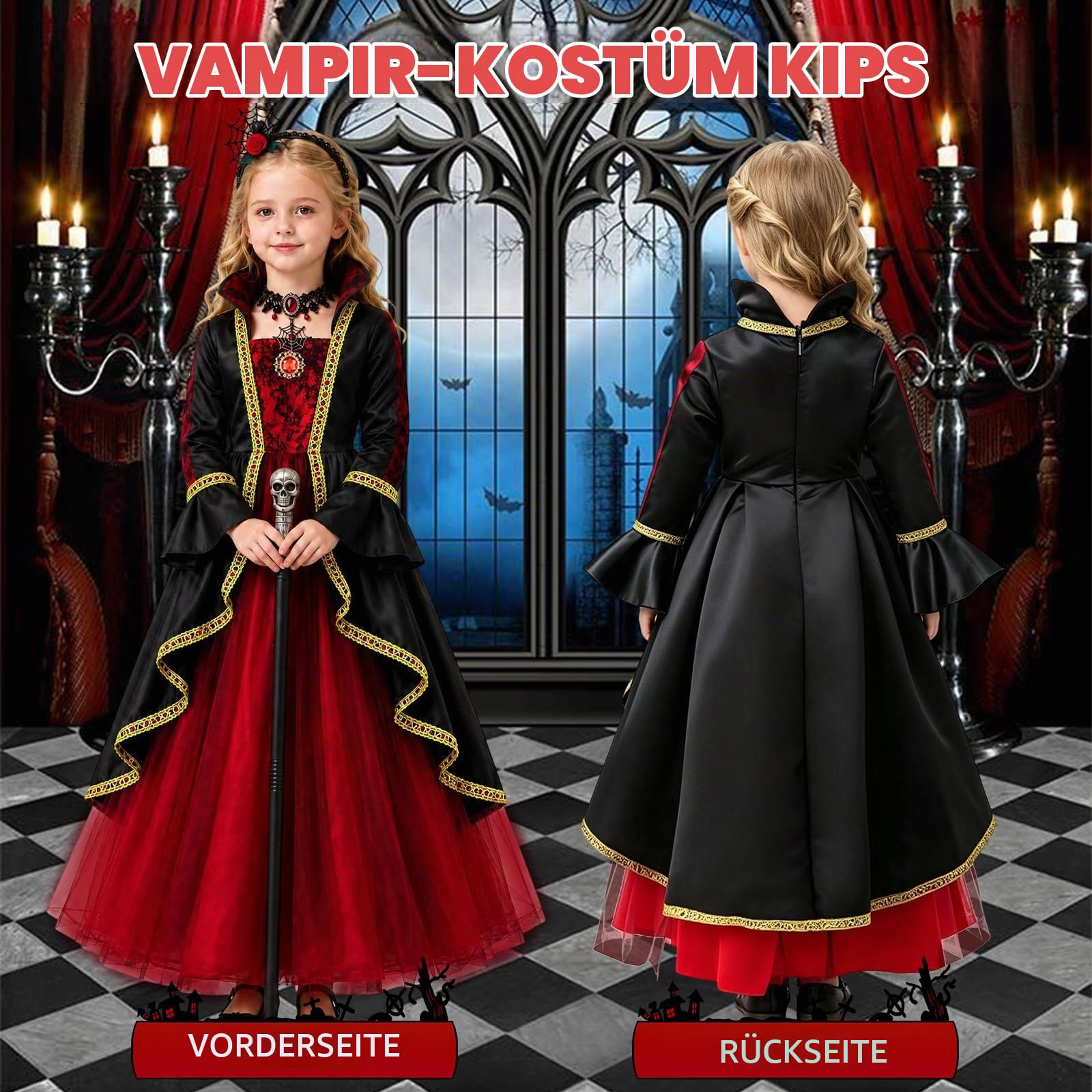 YYDSXK Vampir Kostüm Mädchen Halloween Gr. 120 mit Stock