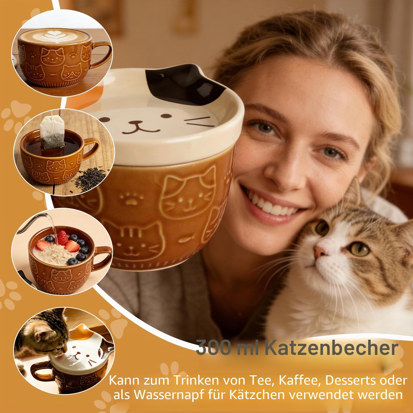 YYDSXK Katzen Tasse mit Deckel 400ml Geschenkset Keramik