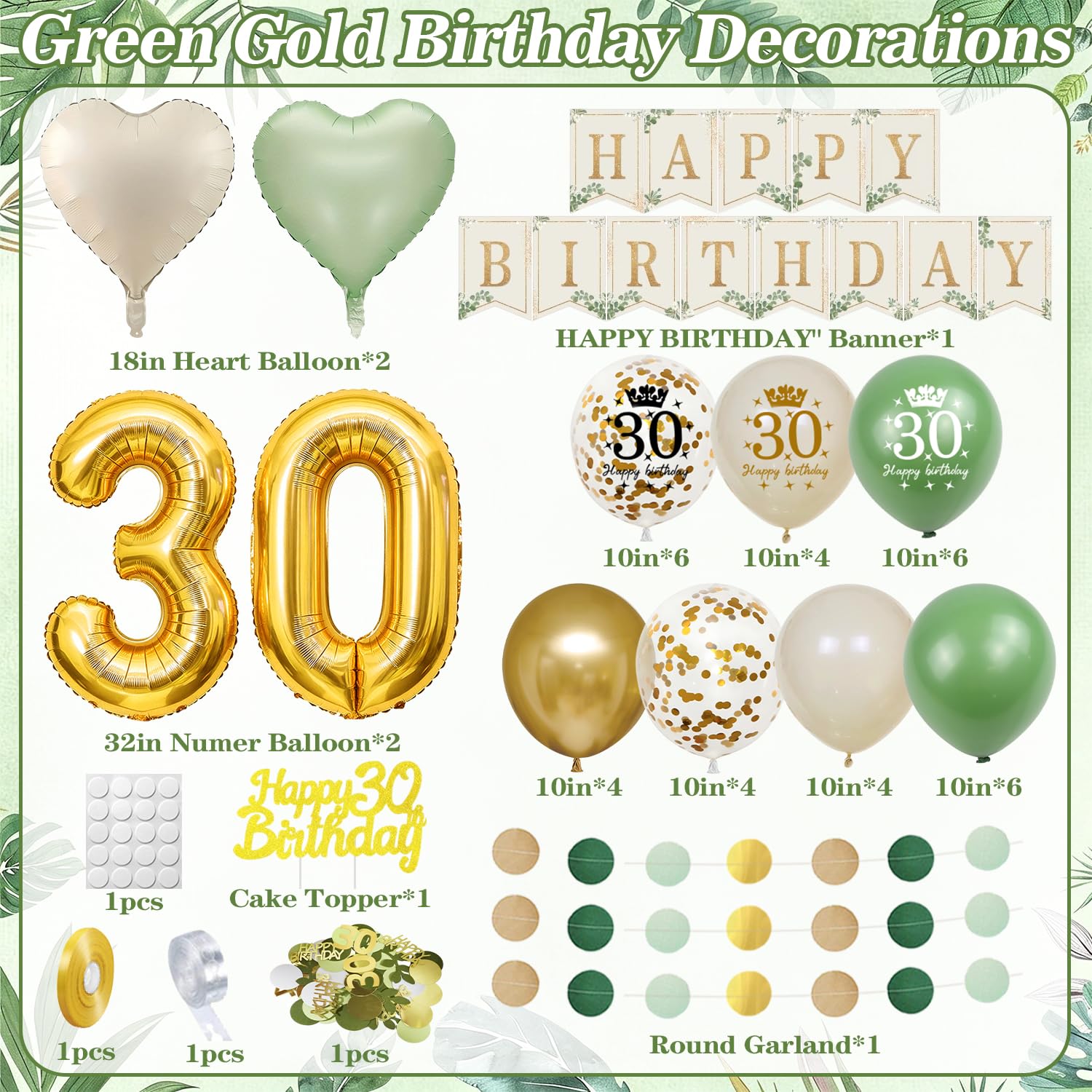 YYDSXK 30. Geburtstag Deko Set Salbeigrün Gold 30 Jahre