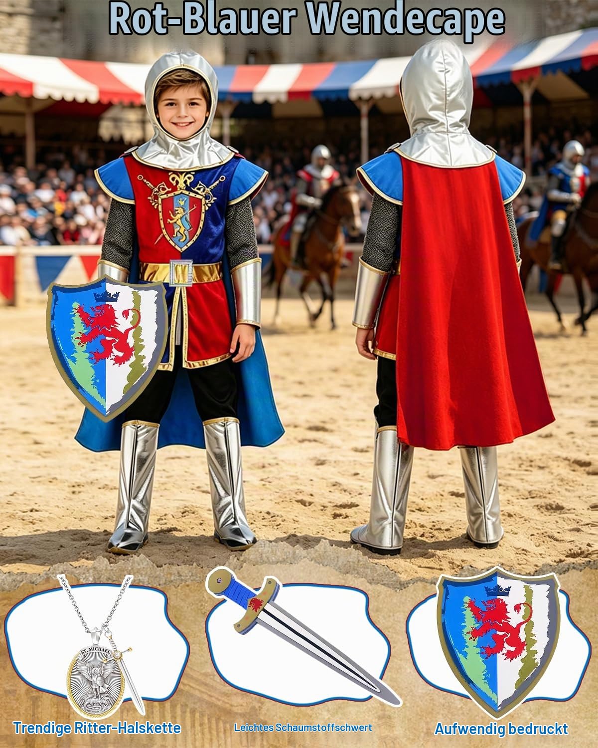 YYDSXK Ritter Kostüm Kinder 130 mit Helm Umhang Schild