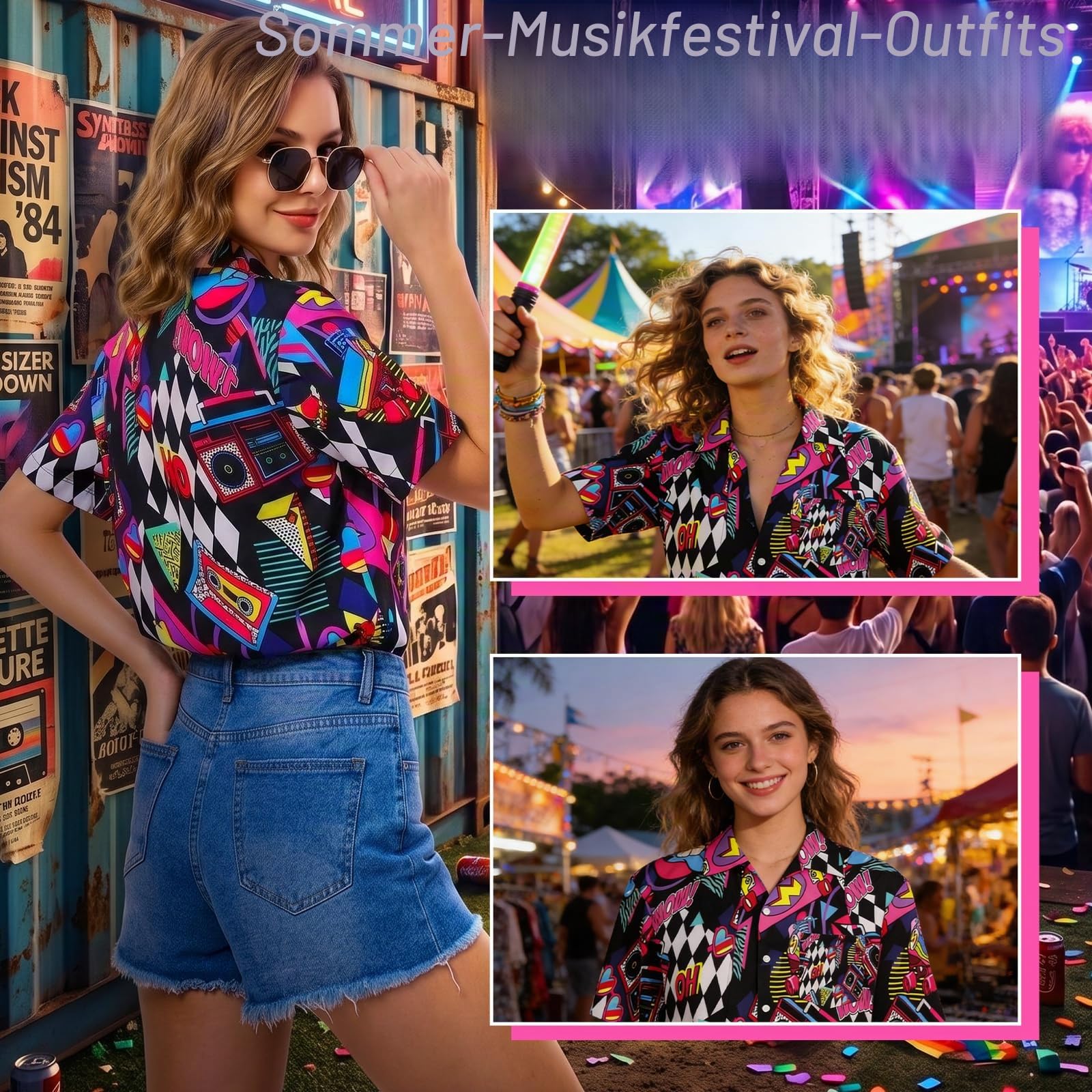 YYDSXK Hawaii Outfit Damen Neon Kurzarm Shirt Sonnenbrille