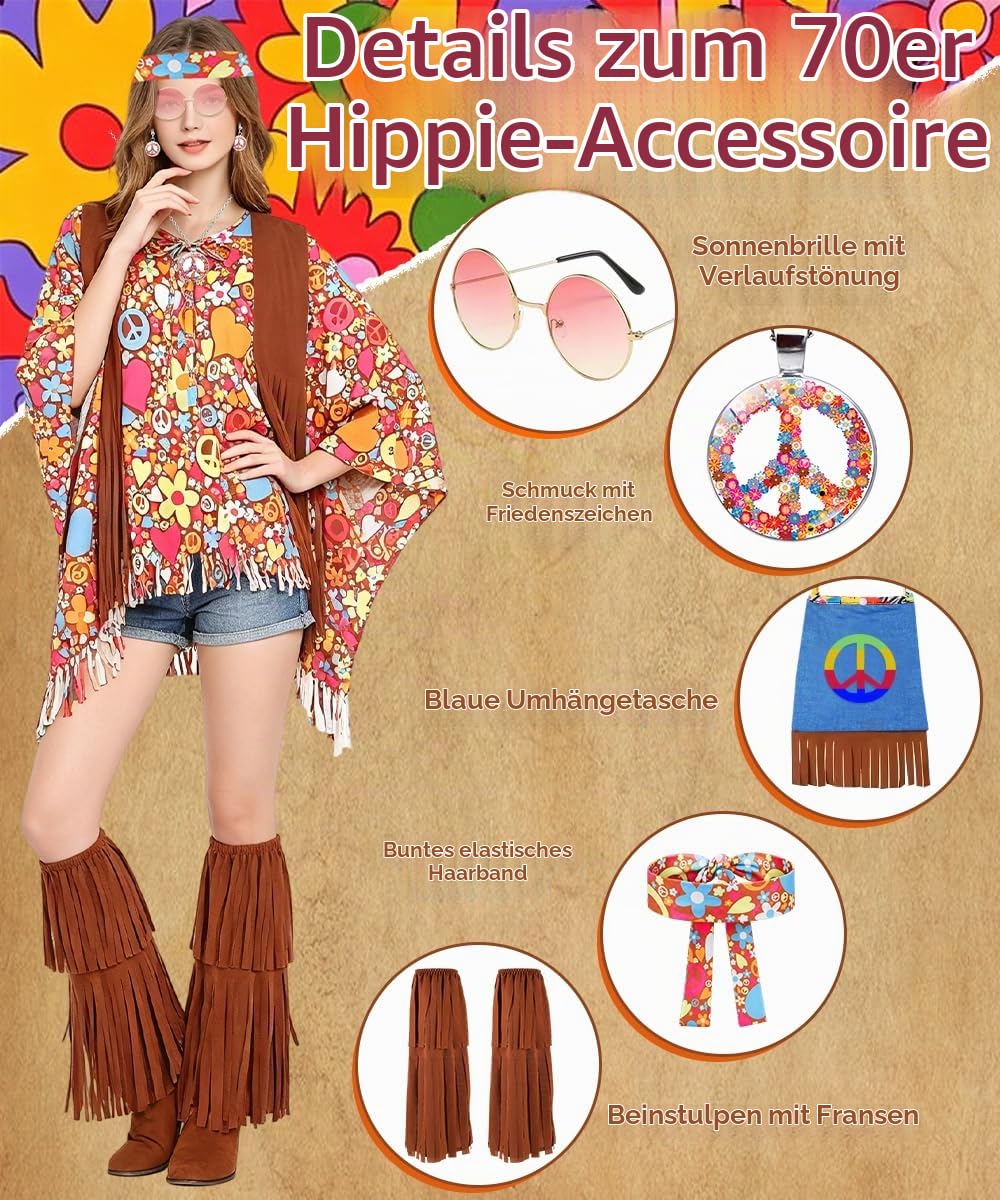 YYDSXK Costumes Hippie Kostüm Damen Poncho Braun 70er