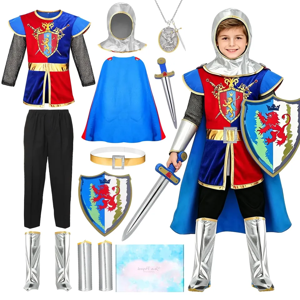 YYDSXK Ritter Kostüm Kinder 130 mit Helm Umhang Schild