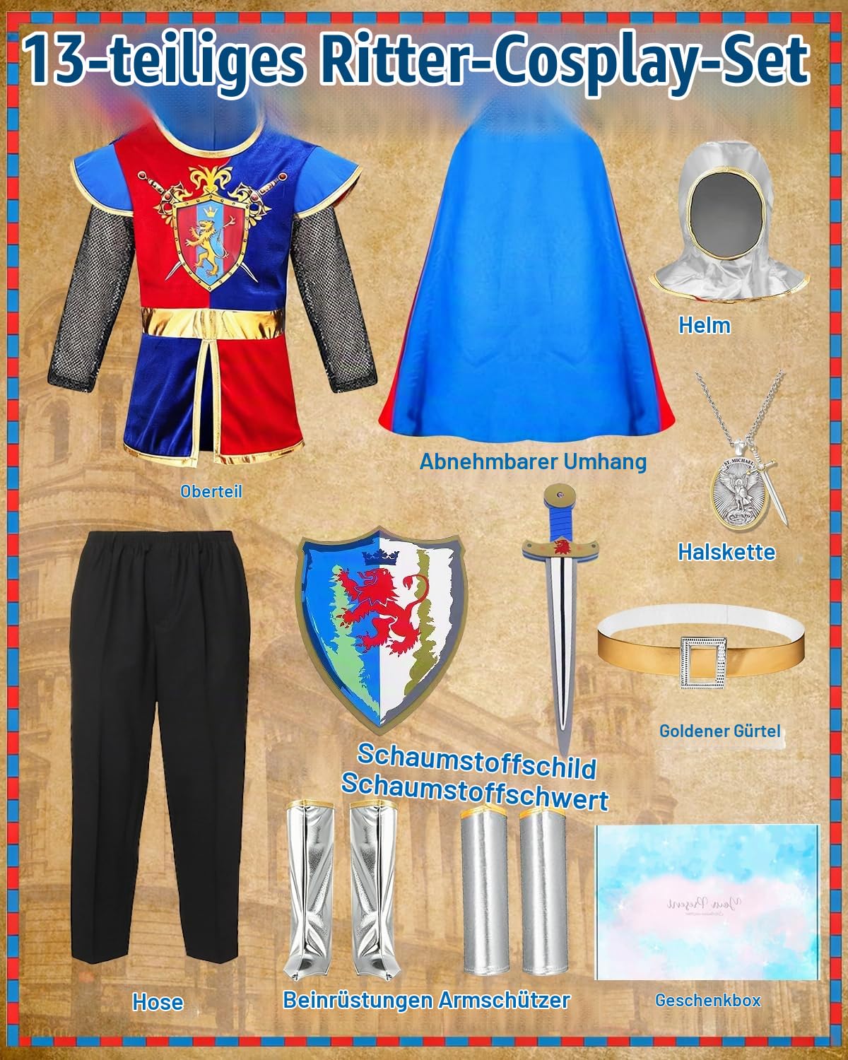 YYDSXK Ritter Kostüm Kinder 130 mit Helm Umhang Schild