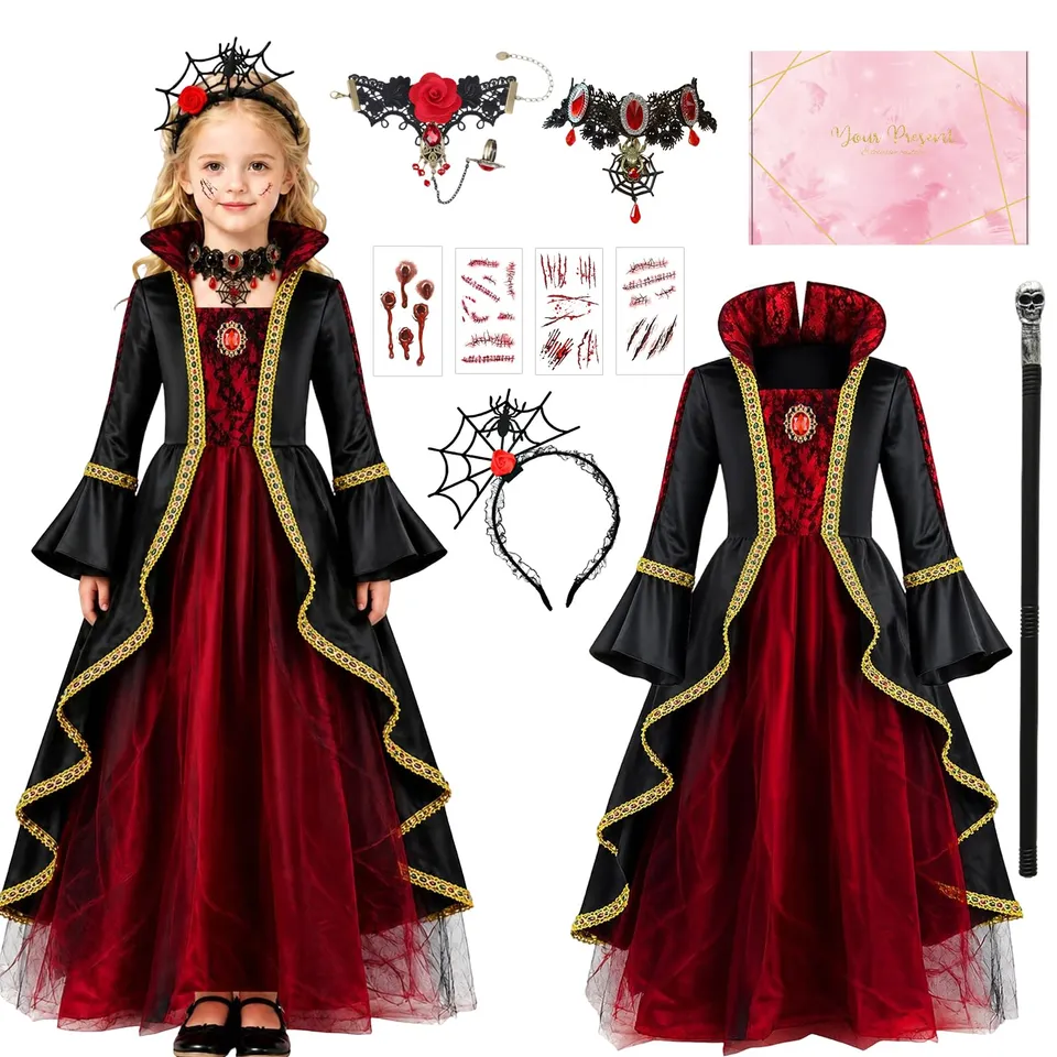YYDSXK Vampir Kostüm Mädchen Halloween Gr. 120 mit Stock