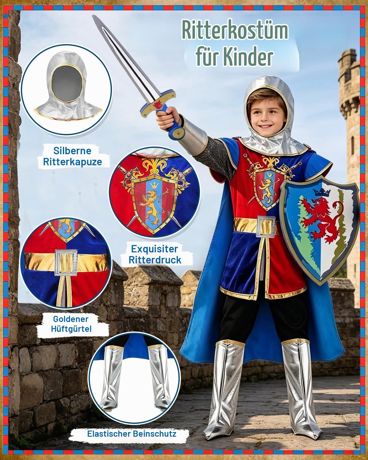 YYDSXK Ritter Kostüm Kinder 130 mit Helm Umhang Schild