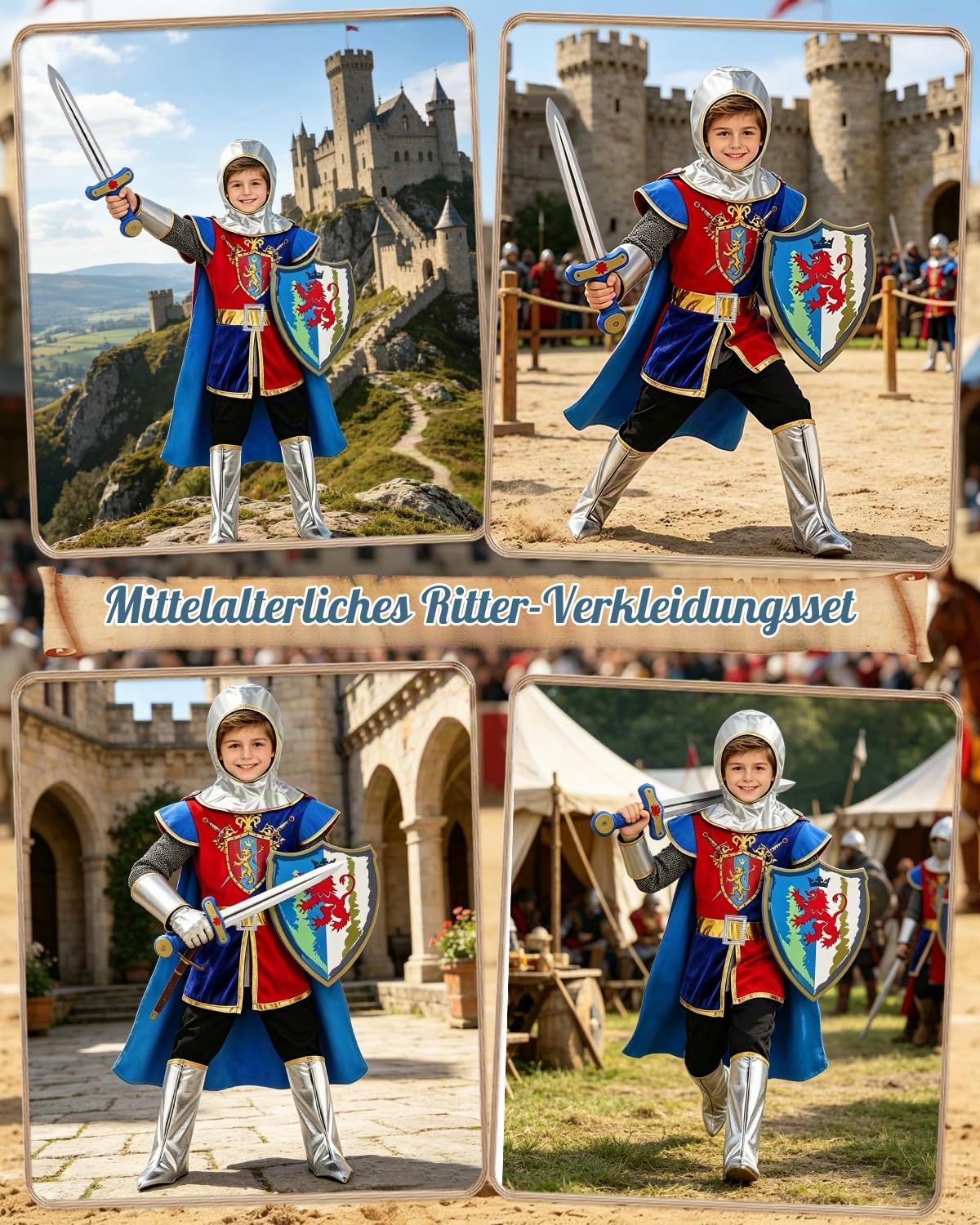 YYDSXK Ritter Kostüm Kinder 130 mit Helm Umhang Schild