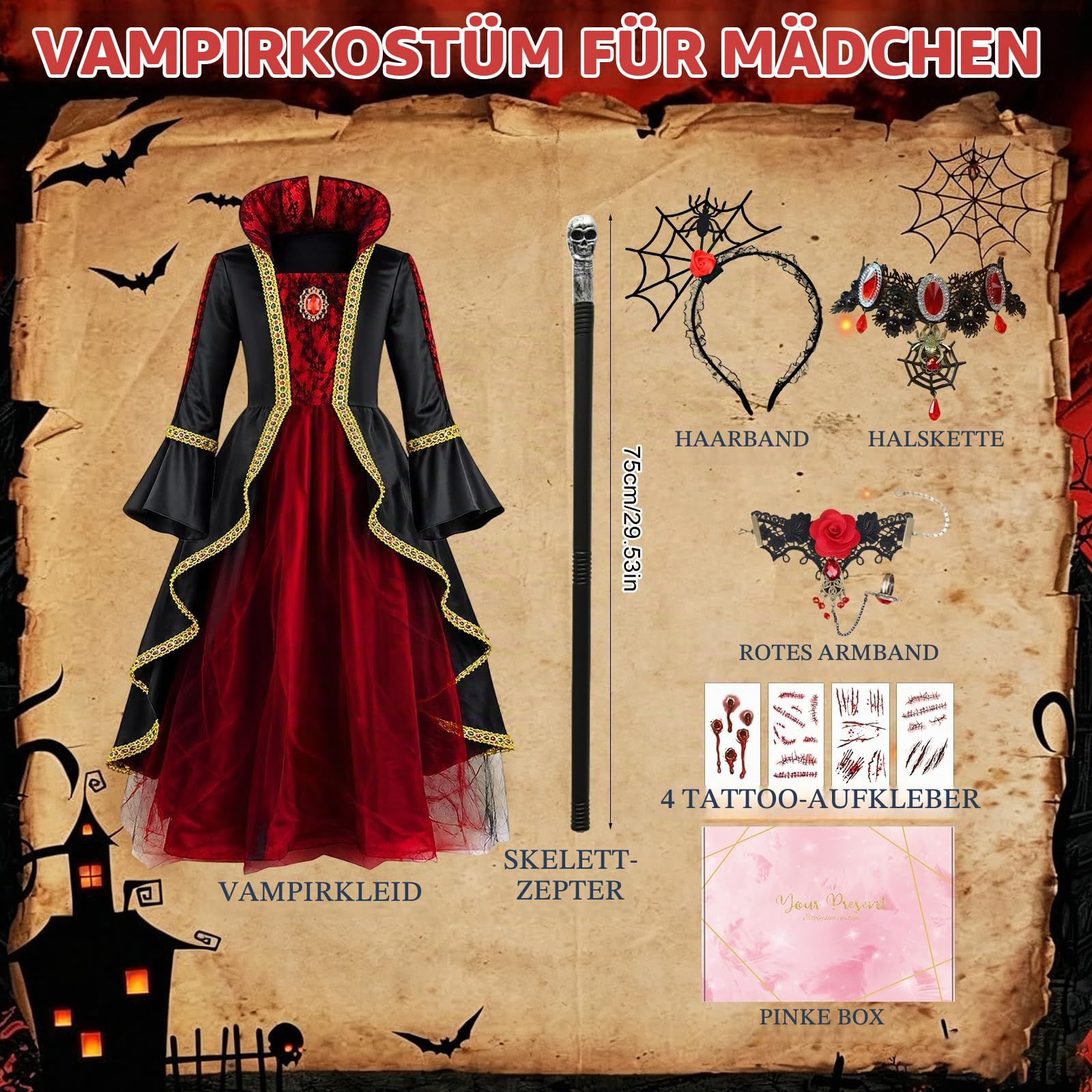 YYDSXK Vampir Kostüm Mädchen Halloween Gr. 120 mit Stock