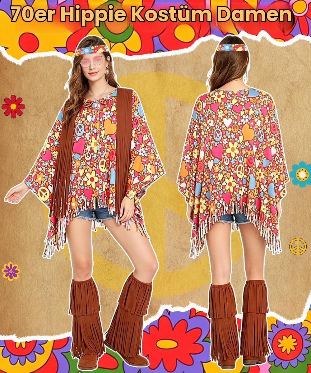 YYDSXK Costumes Hippie Kostüm Damen Poncho Braun 70er