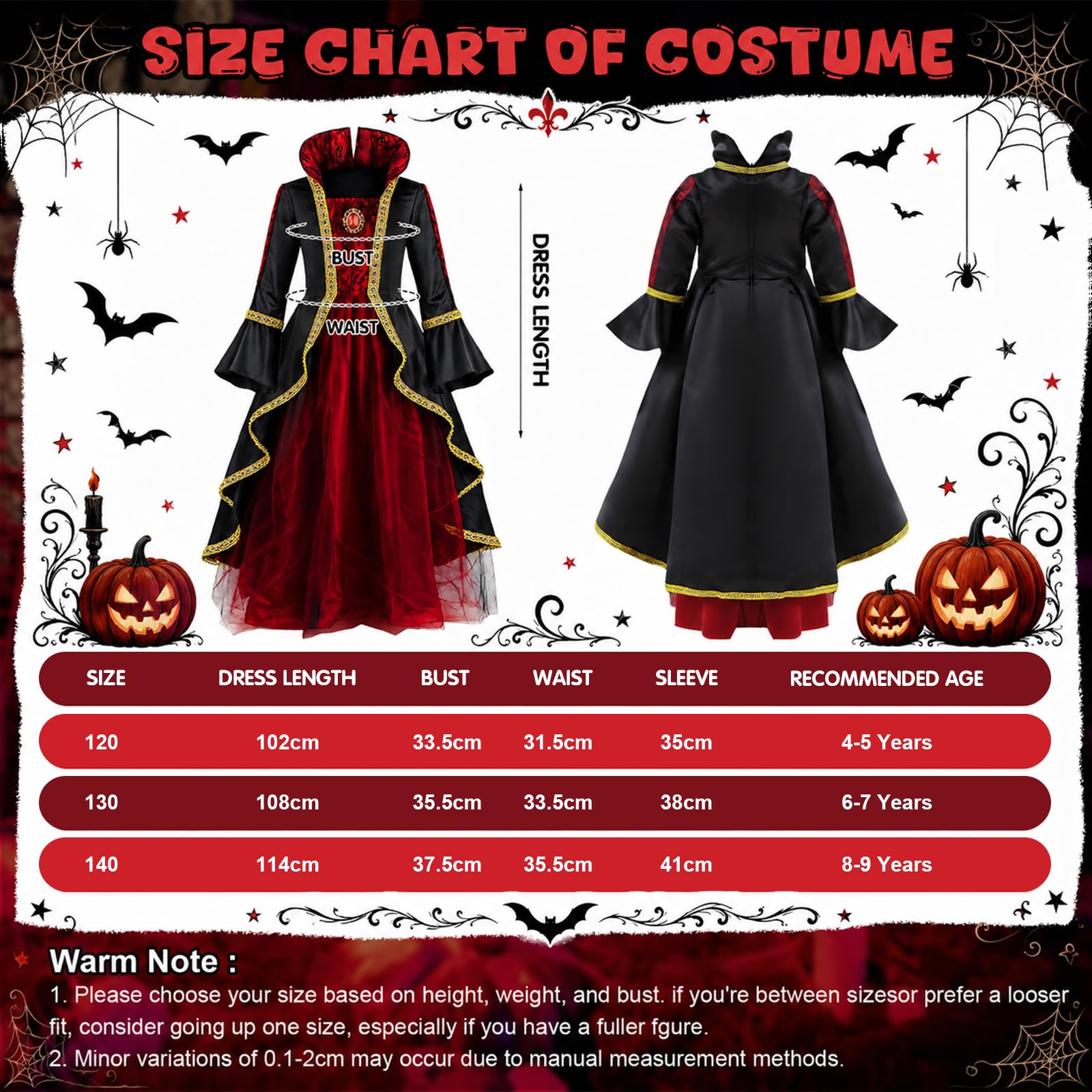 YYDSXK Vampir Kostüm Mädchen Halloween Gr. 120 mit Stock