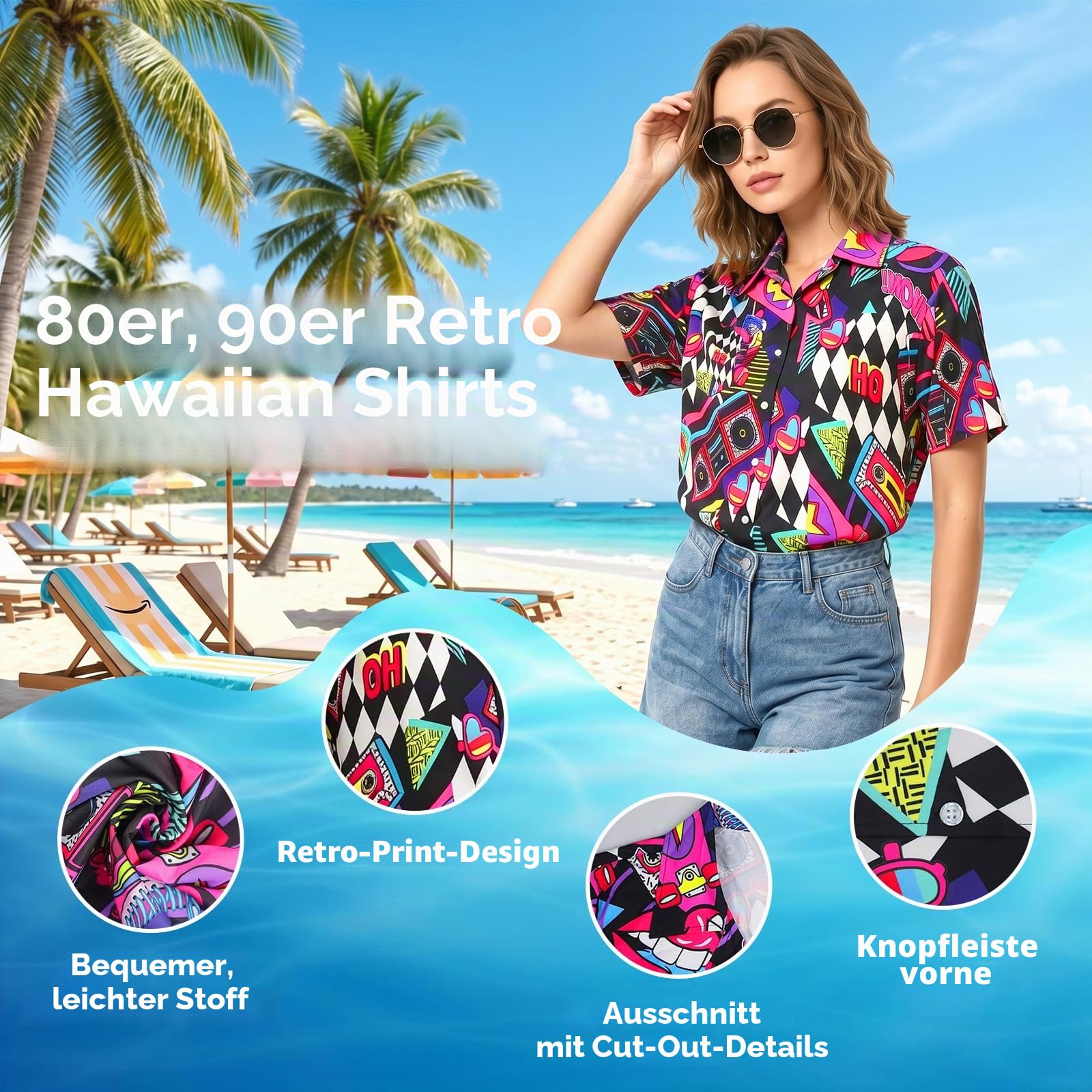 YYDSXK Hawaii Outfit Damen Neon Kurzarm Shirt Sonnenbrille