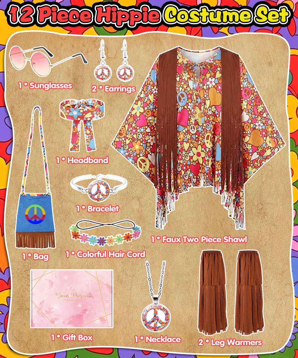 YYDSXK Costumes Hippie Kostüm Damen Poncho Braun 70er