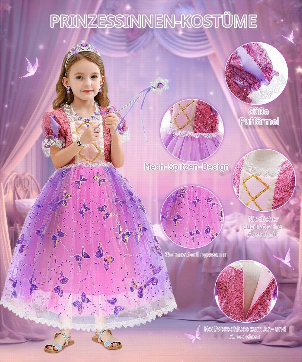 YYDSXK Prinzessin Kleid Mädchen 110 Lila mit Krone Kette