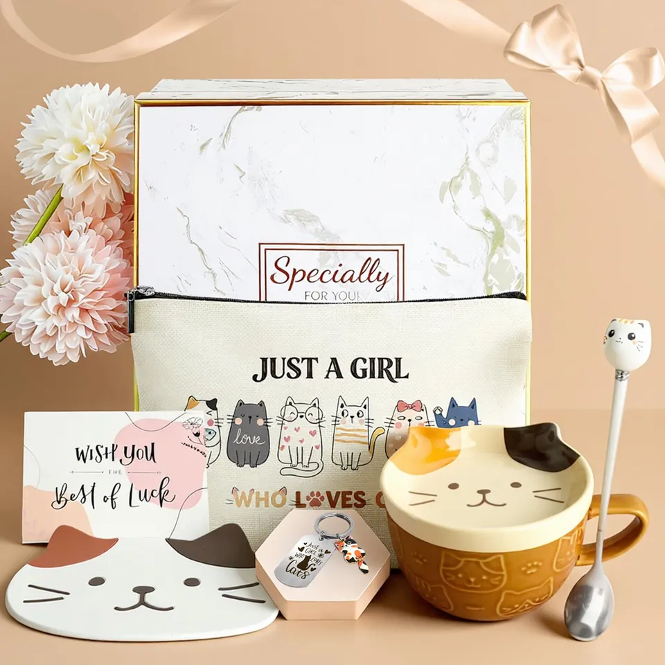 YYDSXK Katzen Tasse mit Deckel 400ml Geschenkset Keramik