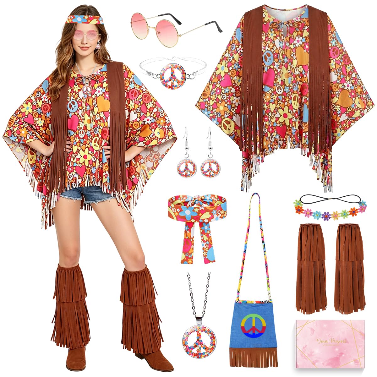 YYDSXK Costumes Hippie Kostüm Damen Poncho Braun 70er