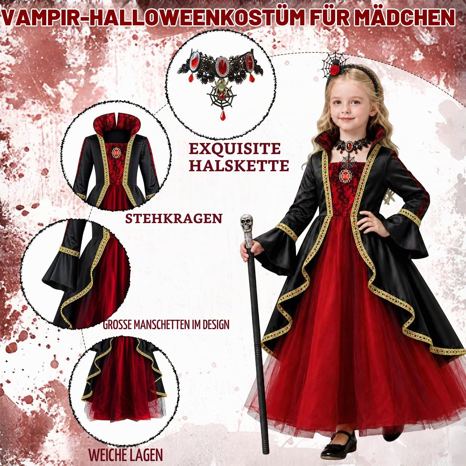 YYDSXK Vampir Kostüm Mädchen Halloween Gr. 120 mit Stock