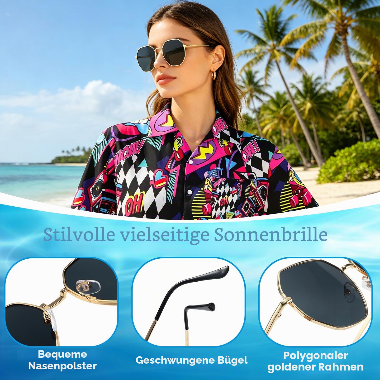 YYDSXK Hawaii Outfit Damen Neon Kurzarm Shirt Sonnenbrille
