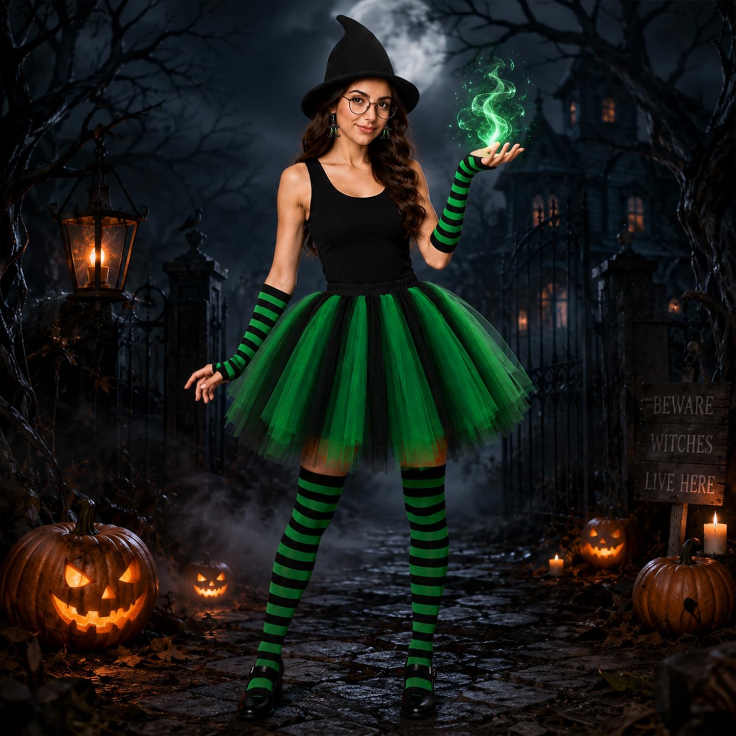YYDSXK Hexen Kostüm Damen Kleid Grün mit Zubehör