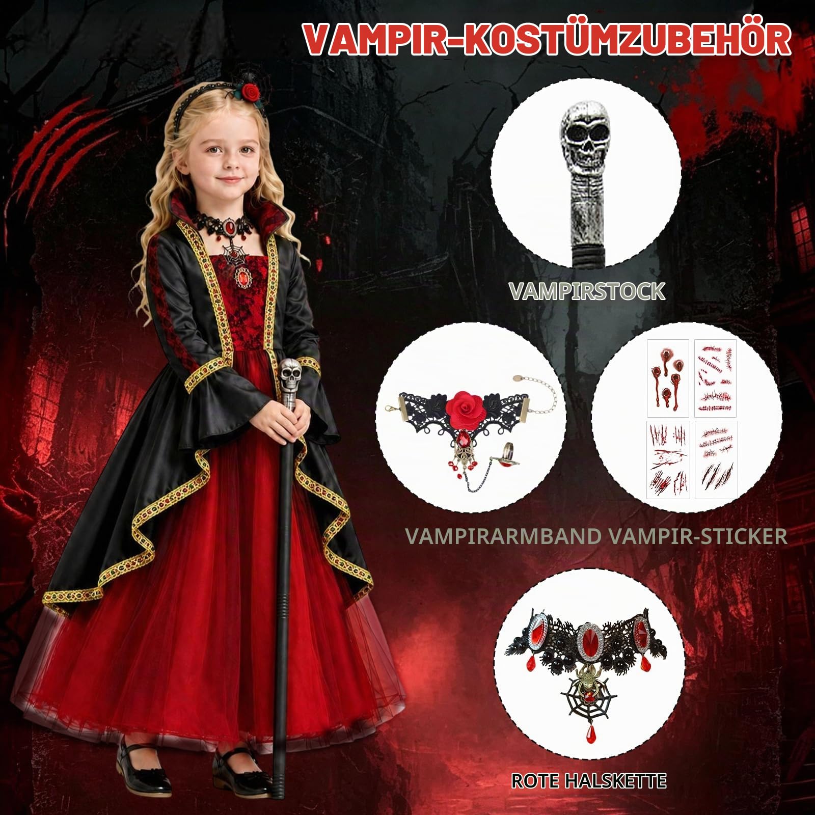 YYDSXK Vampir Kostüm Mädchen Halloween Gr. 120 mit Stock