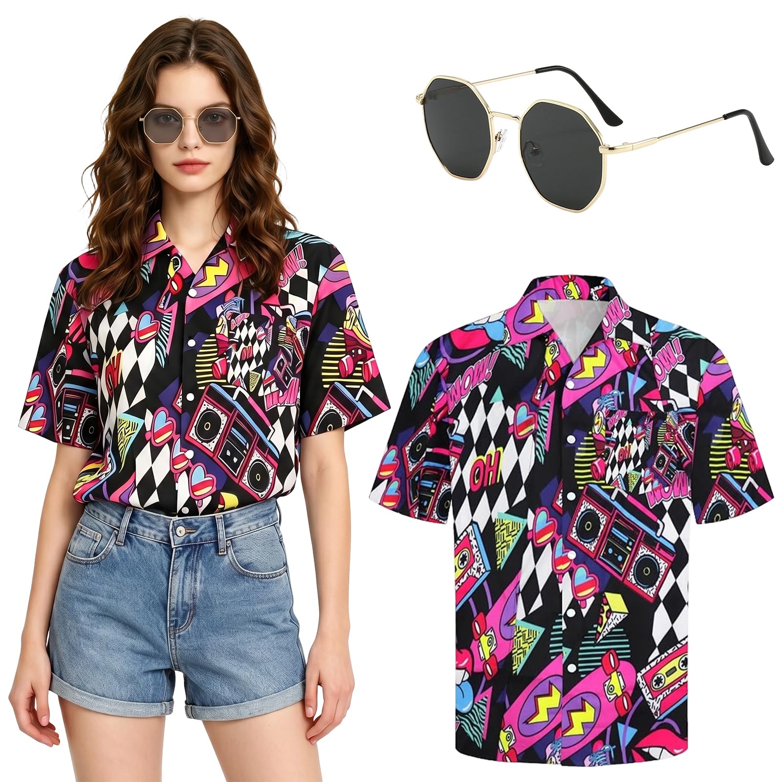 YYDSXK Hawaii Outfit Damen Neon Kurzarm Shirt Sonnenbrille