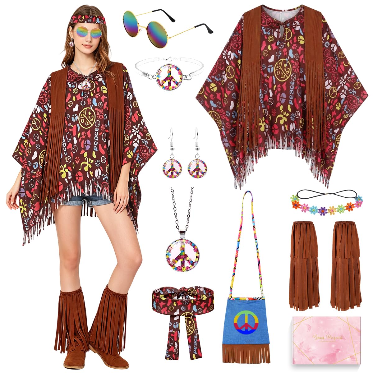 YYDSXK Costumes Hippie Kostüm Damen Poncho Braun 70er