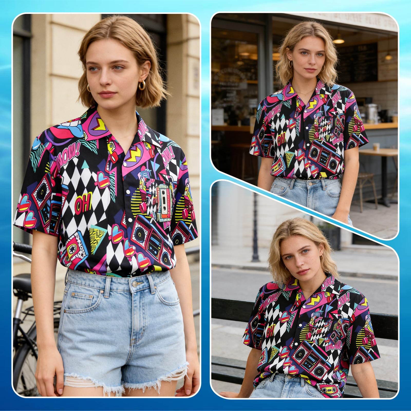 YYDSXK Hawaii Outfit Damen Neon Kurzarm Shirt Sonnenbrille