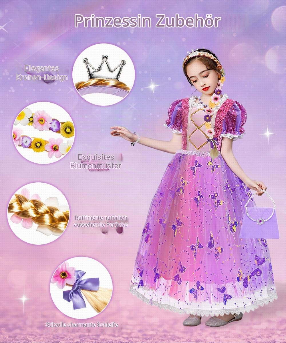 YYDSXK Prinzessin Kleid Mädchen 110 Lila mit Krone Kette