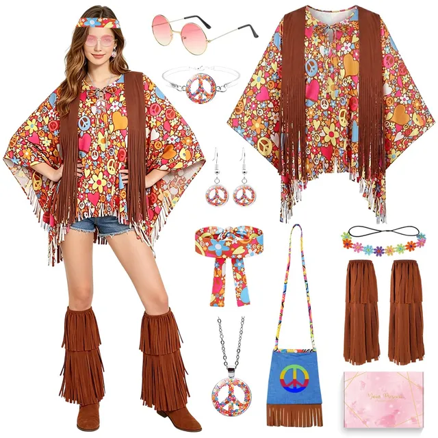 YYDSXK Costumes Hippie Kostüm Damen Poncho Braun 70er