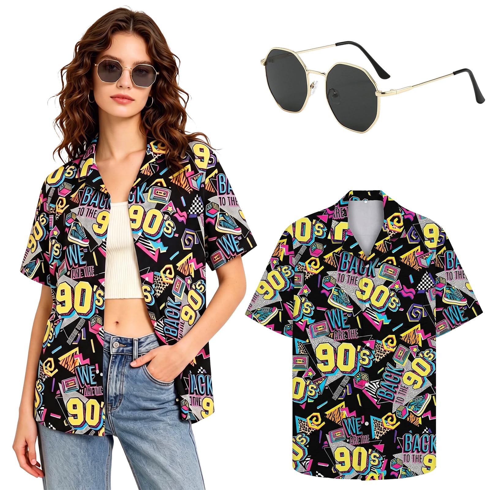 YYDSXK Hawaii Outfit Damen Neon Kurzarm Shirt Sonnenbrille