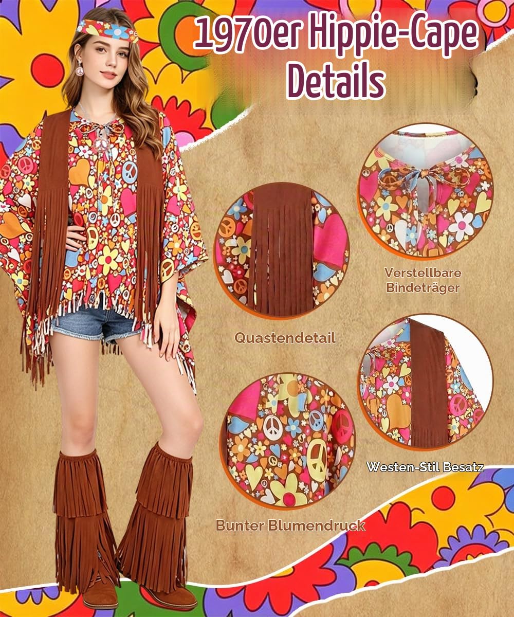 YYDSXK Costumes Hippie Kostüm Damen Poncho Braun 70er