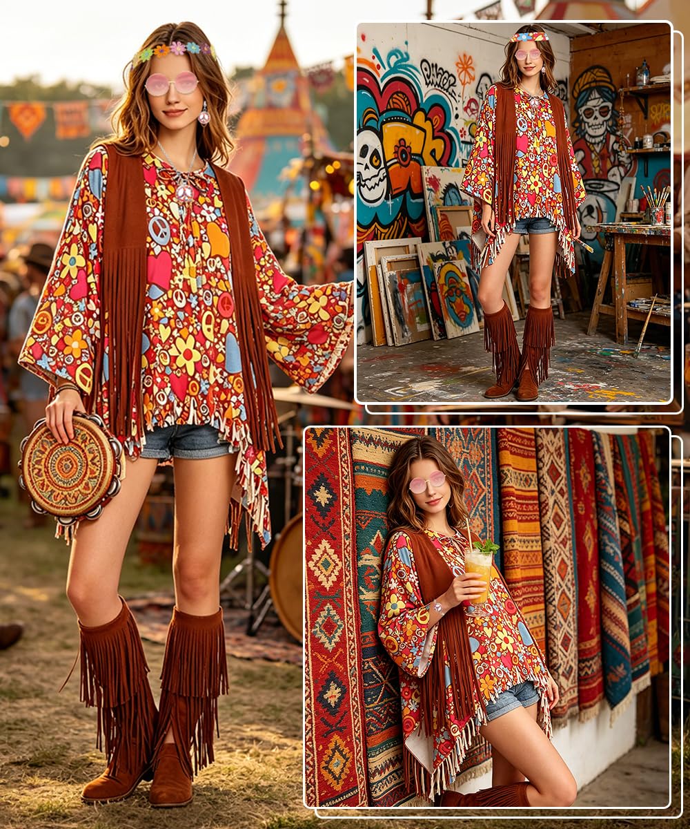 YYDSXK Costumes Hippie Kostüm Damen Poncho Braun 70er