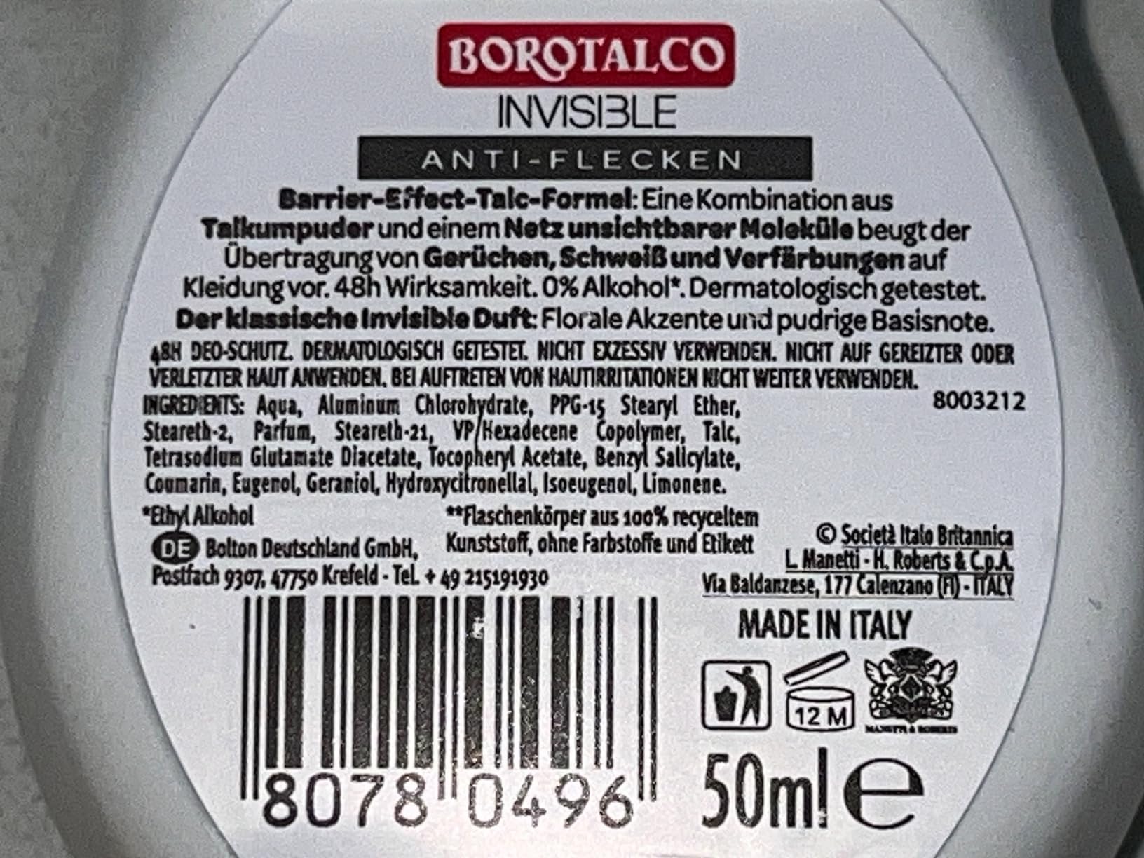 Borotalco Invisible Deo Roll-On 6x50 ml 48h Fleckenschutz
